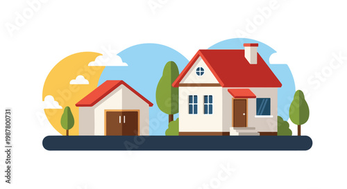 A minimalist flat vector graphic depicts a charming white cottage with a red roof alongside a matching garage under a bright, sunny sky.