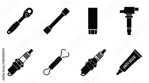 Spark plug replacement tool set icons featuring ratchet socket extension and ignition coil symbols