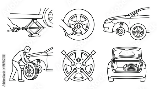 Step by step car tire replacement illustrations with mechanic using jack wrench and storing the spare