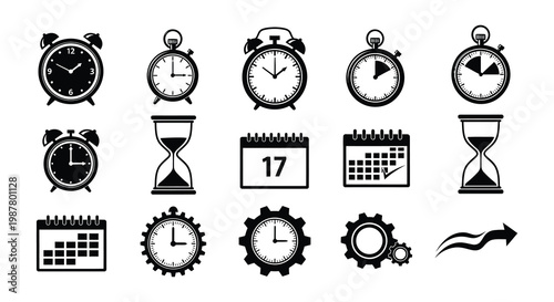 Collection of black and white timekeeping icons clocks calendars and hourglasses