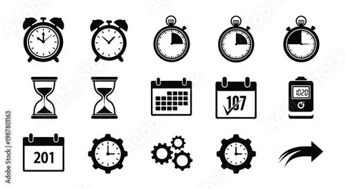 Collection of black and white timekeeping icons clocks calendars and hourglasses