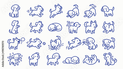 A charming collection of 25 hand-drawn blue line art illustrations depicting various playful and adorable puppy poses and activities on a white background.