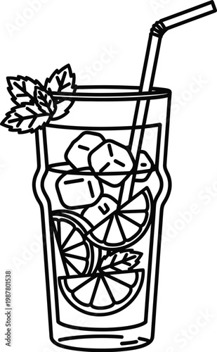 A black and white line art illustration of a refreshing beverage in a tall glass with ice, citrus slices, and a mint garnish