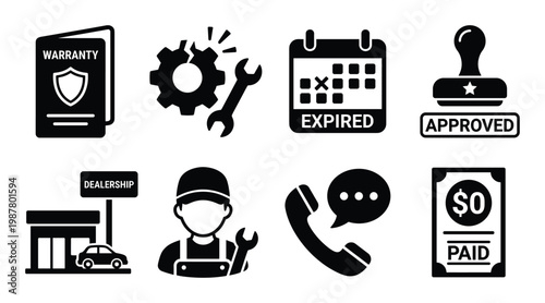 Vehicle warranty and car service repair icons set automotive maintenance and approval stamp symbols