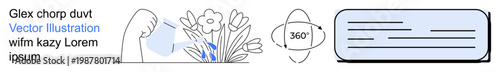 Gardening, sustainability, environmental care, creative design, illustration elements, text integration. Hand watering blooming flowers, 360-degree symbol and abstract text area. Gardening