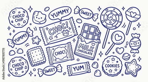 A delightful collection of hand-drawn sweets and treats, featuring chocolate bars, cookies, candies, and lollipops, all in a charming doodle style.