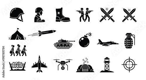 Military icons and symbols weapons vehicles and protective gear