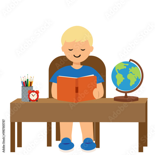 Boy schoolboy reading book at table, back to school