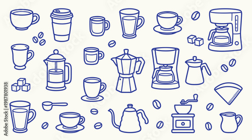 A charming collection of hand-drawn coffee-related items, including various brewing methods, cups, and accessories, presented in a delightful blue outline style on a textured background.