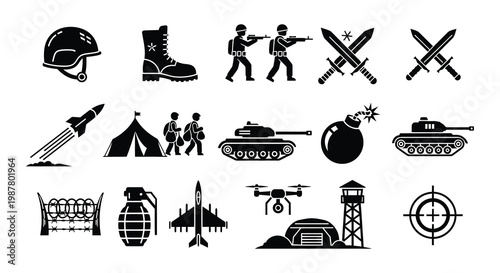 Military icons and symbols weapons vehicles and protective gear