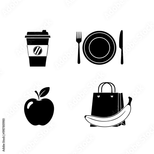 Everyday essentials coffee, dining, healthy fruit, and shopping icons