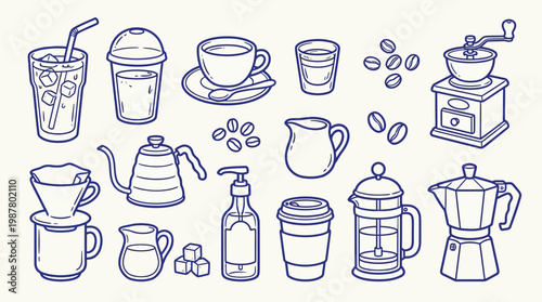 A charming hand-drawn illustration showcasing a variety of coffee-making equipment and beverages, perfect for cafe menus or culinary art.