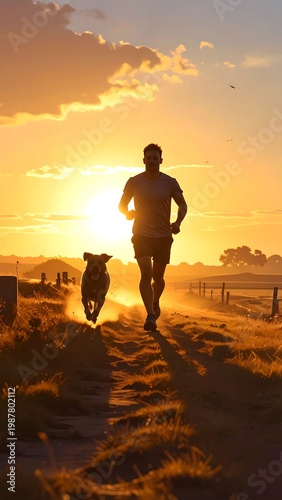 A man runs with his dog on a path at sunset (1)