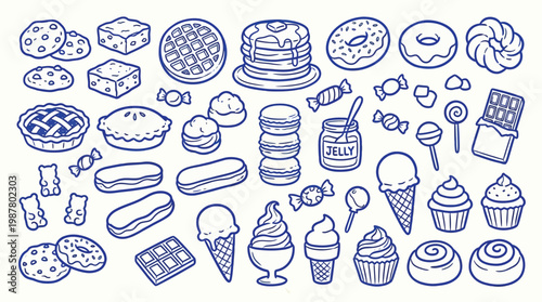A delightful assortment of hand-drawn sweet treats, including pies, cookies, donuts, cupcakes, and ice cream, presented in a charming doodle style.