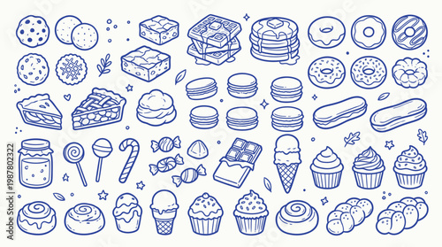 A delightful collection of hand-drawn sweet treats and baked goods, showcasing a variety of desserts in a charming blue outline style.