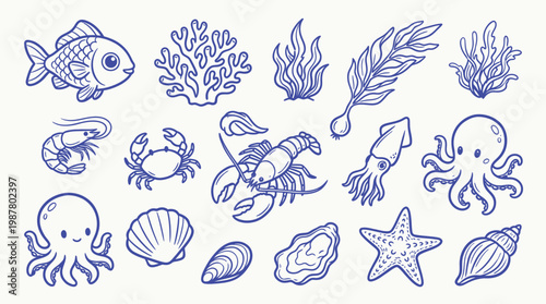 A charming collection of hand-drawn blue line art illustrations depicting various marine life and underwater elements, perfect for children's themes or educational materials.