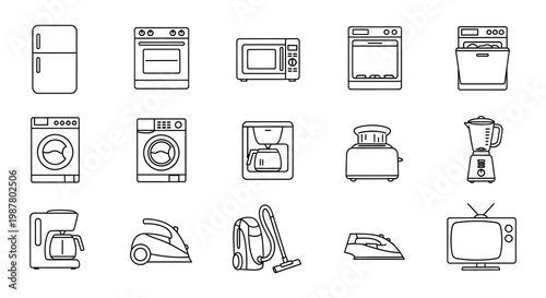 Collection of household appliances outlined in a simple black and white style