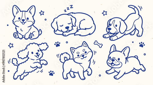 A charming collection of six adorable hand-drawn puppies in various playful poses, rendered in a simple blue outline style on a cream background.