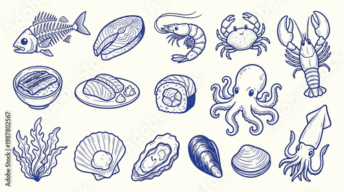 A charming collection of hand-drawn seafood illustrations, featuring a variety of marine life and prepared dishes.