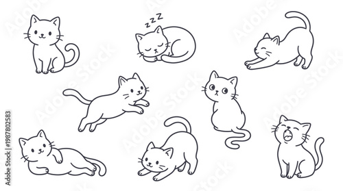 A charming collection of hand-drawn cartoon cats in various playful and relaxed poses, showcasing their adorable nature.
