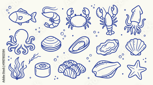 A charming hand-drawn collection of various seafood and marine life illustrations, presented in a delightful blue outline style on a textured off-white background.