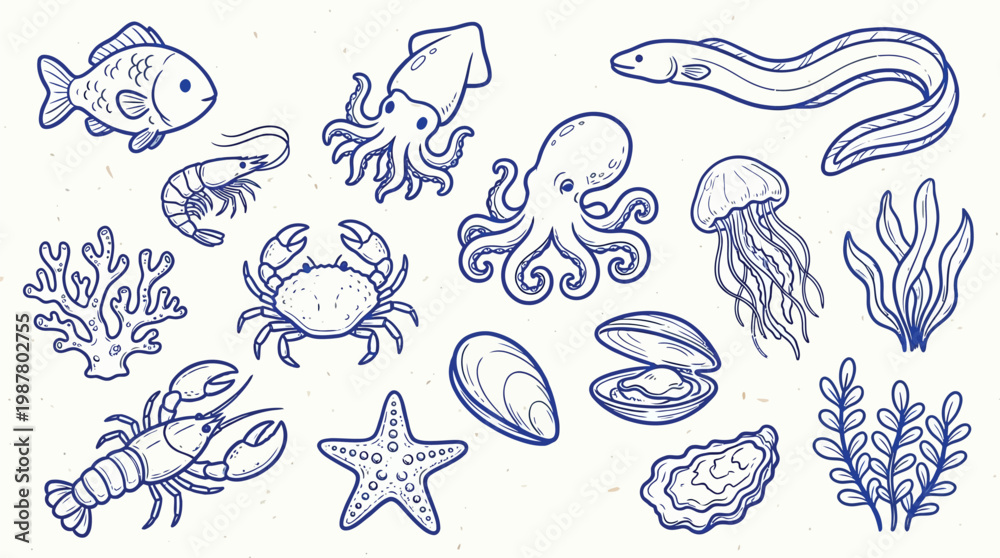 Fototapeta premium A charming collection of hand-drawn marine life illustrations, featuring a variety of sea creatures and underwater plants in a whimsical blue outline style.