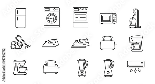 Collection of household appliances outlined in a simple black and white style