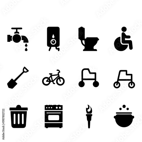 Set of icons representing home utilities, transport, and accessibility services