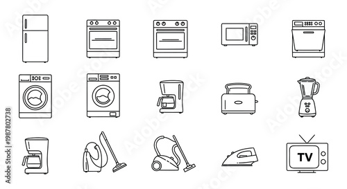 Collection of household appliances outlined in a simple black and white style