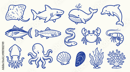 A charming collection of hand-drawn marine life illustrations, featuring a variety of sea creatures and underwater plants in a simple blue line art style.