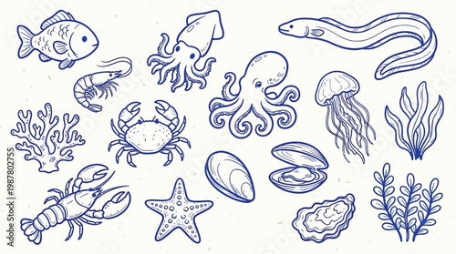 A charming collection of hand-drawn marine life illustrations, featuring a variety of sea creatures and underwater plants in a whimsical blue outline style.