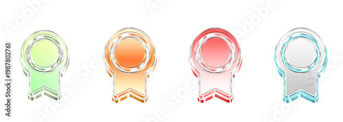3D Glass Medal Icon Collection Isolated on Transparent Background – Concept of Technology and Interface Design – Transparent Liquid Glass Icon – 3D CGI Illustration