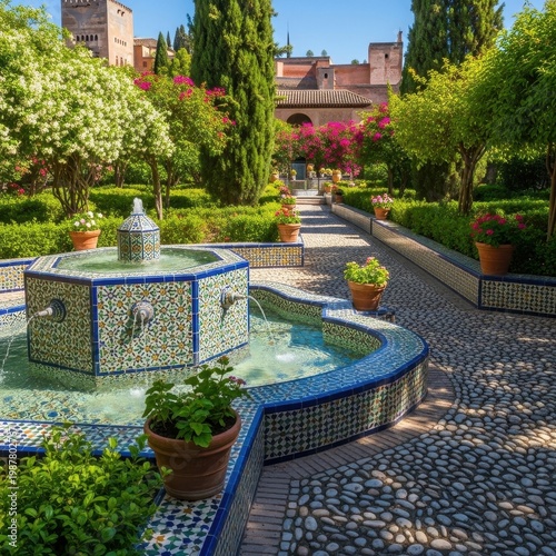 Beautiful Fountain in Lush Garden with Historic Architecture.