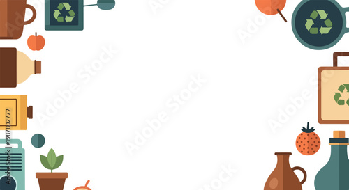 A minimalist vector frame featuring household items like plants, bottles, and recycling symbols surrounding a central blank white space.