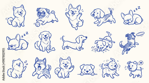 A charming collection of hand-drawn illustrations featuring a variety of adorable dogs in playful and sleepy poses, rendered in a simple blue line art style.