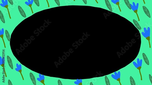 Wiggly hand-drawn blue flower bloom green oval shape frame on transparent background  
