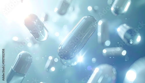 Floating transparent medical capsules in blue background