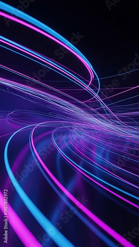 Vibrant neon light trails in purple and blue hues on dark background