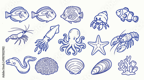 A charming collection of hand-drawn blue ink illustrations depicting various marine life and underwater elements.