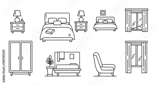 Line drawing illustration of bedroom furniture and interior elements
