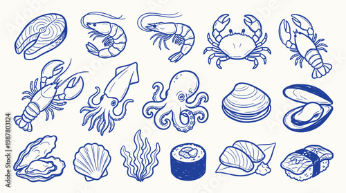 A collection of hand-drawn illustrations of various seafood items, including fish, shellfish, and cephalopods, presented in a blue outline style on a light background.