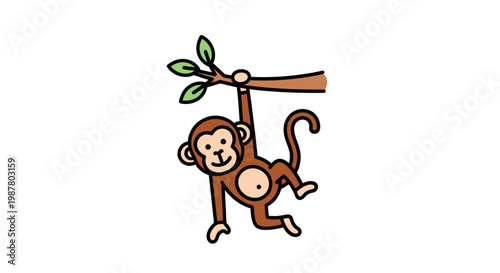 Brown monkey hanging from tree branch.