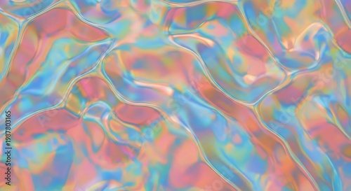 Vibrant iridescent holographic background with colorful wavy patterns and shimmering hues of pink blue and purple