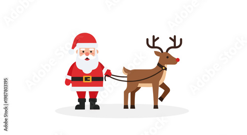 Santa Claus with Reindeer on White Background - Christmas Holiday Vector Illustration