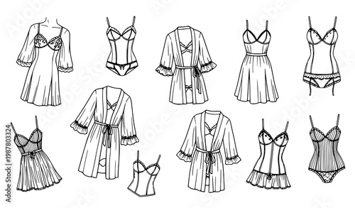 Women lingerie fashion doodle vector elements with negligee peignoir corset sketch black outline set
