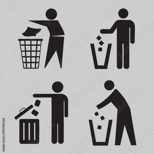 Vector Icon Set of Person Silhouette Throwing Trash in the Bin Keep Clean Environmental Symbols