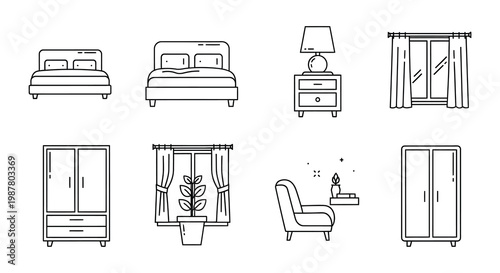 Line drawing illustration of bedroom furniture and interior elements