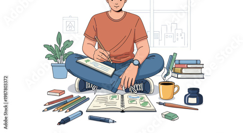 Young man drawing and writing in notebook, creative workspace, illustration