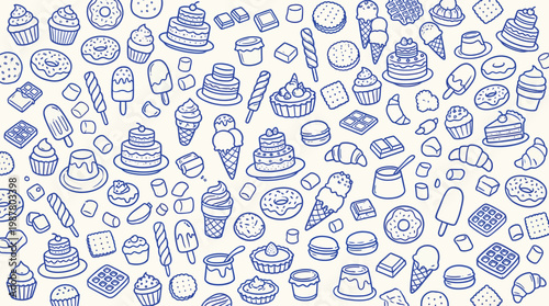 A delightful hand-drawn illustration featuring a vast assortment of sweet treats and desserts, rendered in a charming blue and white doodle style.