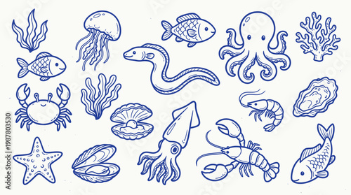 A charming collection of hand-drawn blue line art illustrations depicting various marine life and underwater elements, presented on a white background.